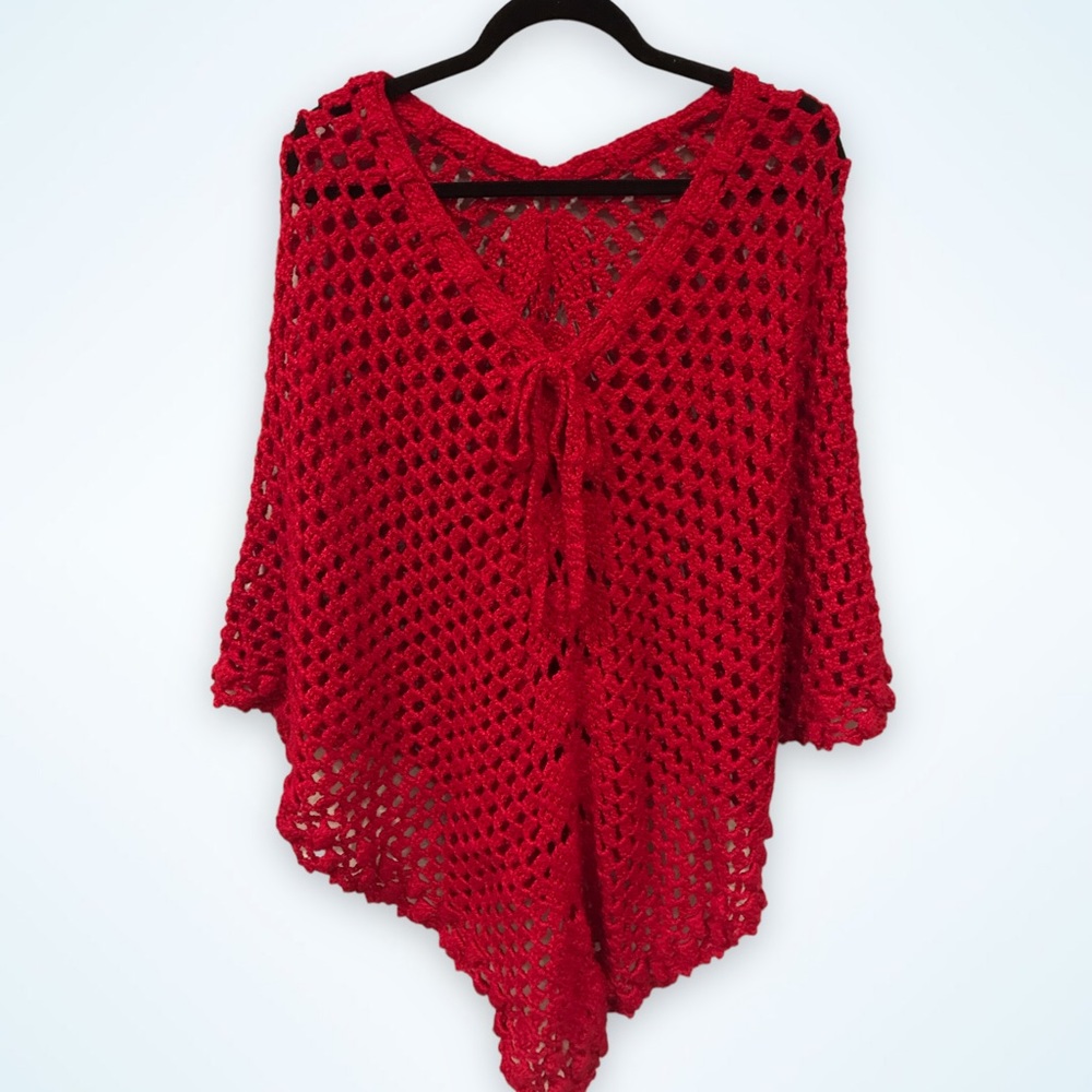 Deep Red Open Knit Handmade Poncho w/ Tie Front